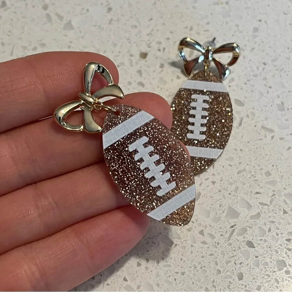 Gold Glitter Football Earrings‎ with bow